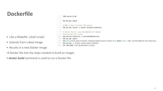 Dockerfile
• Like a Makefile (shell script)
• Extends from a Base Image
• Results in a new Docker Image
•A Docker file lists the steps needed to build an images
• docker build command is used to run a Docker file
65
 