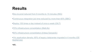 3
Results
•Dev-to-prod reduced from 9 months to 15 minutes (ING)
•Continuous integration job time reduced by more than 60% (BBC)
•Deploy 100 times a day instead of once a week (GILT)
•70% infrastructure consolidation (MetLife)
•60% infrastructure consolidation (Intesa Sanpaolo)
•14x application density; 60% of legacy datacenter migrated in 4 months (GE
Appliances)
•etc.
 