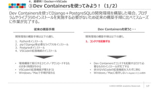 ４．超便利！Docker+VSCode
③Dev Containersを使ってみよう！（1/2）
©2023 ARISE analytics Reserved. 17
Dev Containersを使ってDjango＋PostgreSQLの開発環境を構築した場合、プログ
ラムやライブラリのインストールを実施する必要がないため従来の構築手順に比べてスムーズ
に作業が完了する。
従来の構築手順
開発環境の構築手順は以下の通り。
1. Pythonをインストール
2. pipでDjango等必要なライブラリをインストール
3. Postgresをインストール
4. VSCodeの拡張機能のインストール
Dev Containersを使うと・・・
開発環境の構築手順は以下の通り。
1. コンテナを起動する
• 環境構築で実行するコマンド／ダウンロードするも
のが多く時間がかかる
• VSCodeの拡張機能が増えまくる
• Windows／Macで手順が変わる
• Dev Containersでコンテナを起動するだけで必
要なもののインストールが完了する
• 余分なVSCodeの拡張機能を入れずに済む
• Windows／Macに依存しない※Appleシリコンは例外
 
