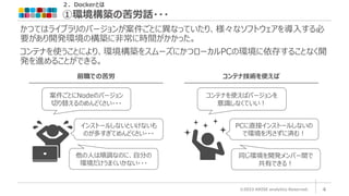 ２．Dockerとは
①環境構築の苦労話・・・
©2023 ARISE analytics Reserved. 4
かつてはライブラリのバージョンが案件ごとに異なっていたり、様々なソフトウェアを導入する必
要があり開発環境の構築に非常に時間がかかった。
コンテナを使うことにより、環境構築をスムーズにかつローカルPCの環境に依存することなく開
発を進めることができる。
前職での苦労
案件ごとにNodeのバージョン
切り替えるのめんどくさい・・・
インストールしないといけないも
のが多すぎてめんどくさい・・・
他の人は順調なのに、自分の
環境だけうまくいかない・・・
コンテナ技術を使えば
コンテナを使えばバージョンを
意識しなくていい！
PCに直接インストールしないの
で環境を汚さずに済む！
同じ環境を開発メンバー間で
共有できる！
 