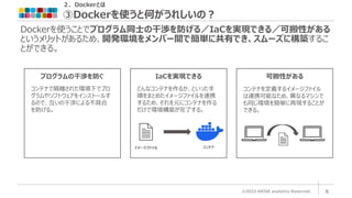 ２．Dockerとは
③Dockerを使うと何がうれしいの？
©2023 ARISE analytics Reserved. 6
Dockerを使うことでプログラム同士の干渉を防げる／IaCを実現できる／可搬性がある
というメリットがあるため、開発環境をメンバー間で簡単に共有でき、スムーズに構築するこ
とができる。
プログラムの干渉を防ぐ IaCを実現できる 可搬性がある
コンテナで隔離された環境下でプロ
グラムやソフトウェアをインストールす
るので、互いの干渉による不具合
を防げる。
どんなコンテナを作るか、といった手
順をまとめたイメージファイルを連携
するため、それを元にコンテナを作る
だけで環境構築が完了する。
コンテナを定義するイメージファイル
は連携可能なため、異なるマシンで
も同じ環境を簡単に再現することが
できる。
 