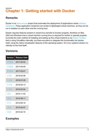 Chapter 1: Getting started with Docker
Remarks
Docker is an open-source project that automates the deployment of applications inside software
containers. These application containers are similar to lightweight virtual machines, as they can be
run in isolation to each other and the running host.
Docker requires features present in recent linux kernels to function properly, therefore on Mac
OSX and Windows host a virtual machine running linux is required for docker to operate properly.
Currently the main method of installing and setting up this virtual machine is via Docker Toolbox
that is using VirtualBox internally, but there are plans to integrate this functionality into docker
itself, using the native virtualisation features of the operating system. On Linux systems docker run
natively on the host itself.
Versions
Version Release Date
17.05.0 2017-05-04
17.04.0 2017-04-05
17.03.0 2017-03-01
1.13.1 2016-02-08
1.12.0 2016-07-28
1.11.2 2016-04-13
1.10.3 2016-02-04
1.9.1 2015-11-03
1.8.3 2015-08-11
1.7.1 2015-06-16
1.6.2 2015-04-07
1.5.0 2015-02-10
Examples
https://riptutorial.com/ 2
 