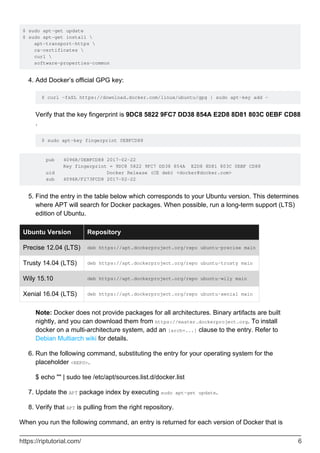 $ sudo apt-get update
$ sudo apt-get install 
apt-transport-https 
ca-certificates 
curl 
software-properties-common
Add Docker’s official GPG key:
$ curl -fsSL https://download.docker.com/linux/ubuntu/gpg | sudo apt-key add -
Verify that the key fingerprint is 9DC8 5822 9FC7 DD38 854A E2D8 8D81 803C 0EBF CD88
.
$ sudo apt-key fingerprint 0EBFCD88
4.
pub 4096R/0EBFCD88 2017-02-22
Key fingerprint = 9DC8 5822 9FC7 DD38 854A E2D8 8D81 803C 0EBF CD88
uid Docker Release (CE deb) <docker@docker.com>
sub 4096R/F273FCD8 2017-02-22
Find the entry in the table below which corresponds to your Ubuntu version. This determines
where APT will search for Docker packages. When possible, run a long-term support (LTS)
edition of Ubuntu.
5.
Ubuntu Version Repository
Precise 12.04 (LTS) deb https://apt.dockerproject.org/repo ubuntu-precise main
Trusty 14.04 (LTS) deb https://apt.dockerproject.org/repo ubuntu-trusty main
Wily 15.10 deb https://apt.dockerproject.org/repo ubuntu-wily main
Xenial 16.04 (LTS) deb https://apt.dockerproject.org/repo ubuntu-xenial main
Note: Docker does not provide packages for all architectures. Binary artifacts are built
nightly, and you can download them from https://master.dockerproject.org. To install
docker on a multi-architecture system, add an [arch=...] clause to the entry. Refer to
Debian Multiarch wiki for details.
Run the following command, substituting the entry for your operating system for the
placeholder <REPO>.
$ echo "" | sudo tee /etc/apt/sources.list.d/docker.list
6.
Update the APT package index by executing sudo apt-get update.
7.
Verify that APT is pulling from the right repository.
8.
When you run the following command, an entry is returned for each version of Docker that is
https://riptutorial.com/ 6
 