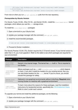 500 https://apt.dockerproject.org/repo/ ubuntu-trusty/main amd64 Packages
1.12.0-0~trusty 0
500 https://apt.dockerproject.org/repo/ ubuntu-trusty/main amd64 Packages
From now on when you run apt-get upgrade, APT pulls from the new repository.
Prerequisites by Ubuntu Version
For Ubuntu Trusty (14.04) , Wily (15.10) , and Xenial (16.04) , install the linux-image-extra-* kernel
packages, which allows you use the aufs storage driver.
To install the linux-image-extra-* packages:
Open a terminal on your Ubuntu host.
1.
Update your package manager with the command sudo apt-get update.
2.
Install the recommended packages.
$ sudo apt-get install linux-image-extra-$(uname -r) linux-image-extra-virtual
3.
Proceed to Docker installation
4.
For Ubuntu Precise (12.04 LTS), Docker requires the 3.13 kernel version. If your kernel version is
older than 3.13, you must upgrade it. Refer to this table to see which packages are required for
your environment:
Package Description
linux-image-
generic-lts-
trusty
Generic Linux kernel image. This kernel has AUFS built in. This is required to
run Docker.
linux-headers-
generic-lts-
trusty
Allows packages such as ZFS and VirtualBox guest additions which depend
on them. If you didn’t install the headers for your existing kernel, then you
can skip these headers for the trusty kernel. If you’re unsure, you should
include this package for safety.
xserver-xorg-
lts-trusty
Optional in non-graphical environments without Unity/Xorg. Required when
running Docker on machine with a graphical environment.
ligbl1-mesa-
glx-lts-trusty
To learn more about the reasons for these packages, read the installation
instructions for backported kernels, specifically the LTS Enablement Stack.
Refer to note 5 under each version.
To upgrade your kernel and install the additional packages, do the following:
Open a terminal on your Ubuntu host.
1.
Update your package manager with the command sudo apt-get update.
2.
https://riptutorial.com/ 14
 