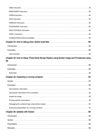 CMD Instruction 79
MAINTAINER Instruction 80
FROM Instruction 80
RUN Instruction 81
ONBUILD Instruction 82
STOPSIGNAL Instruction 83
HEALTHCHECK Instruction 83
SHELL Instruction 84
Installing Debian/Ubuntu packages 86
Chapter 23: How to debug when docker build fails 88
Introduction 88
Examples 88
basic example 88
Chapter 24: How to Setup Three Node Mongo Replica using Docker Image and Provisioned using
89
Introduction 89
Examples 89
Build Step 89
Chapter 25: Inspecting a running container 93
Syntax 93
Examples 93
Get container information 93
Get specific information from a container 93
Inspect an image 95
Printing specific informations 96
Debugging the container logs using docker inspect 97
Examining stdout/stderr of a running container 97
Chapter 26: Iptables with Docker 98
Introduction 98
Syntax 98
Parameters 98
Remarks 98
 