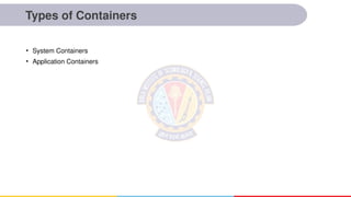 Types of Containers
• System Containers
• Application Containers
 