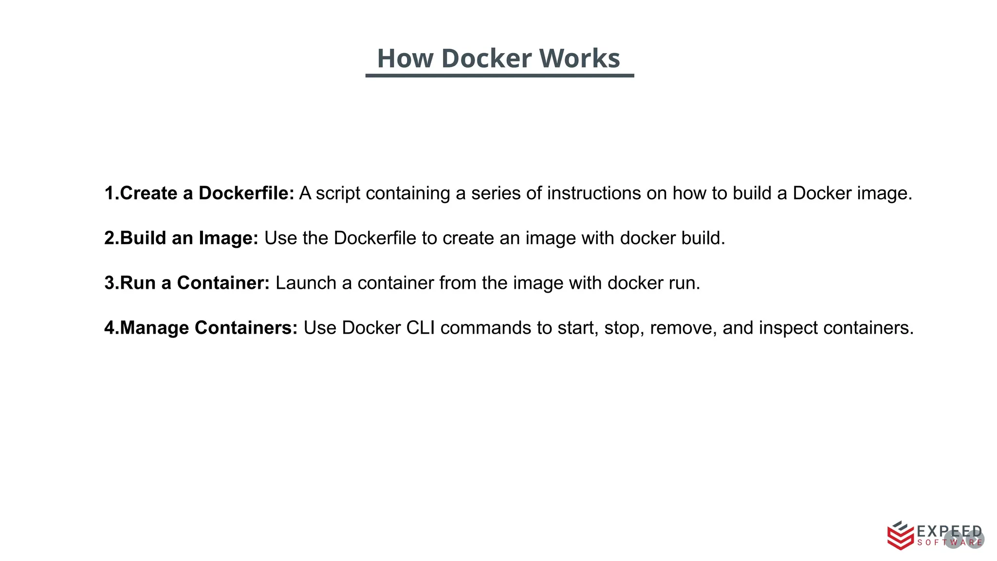 How Docker Works
1.Create a Dockerfile: A script containing a series of instructions on how to build a Docker image.
2.Build an Image: Use the Dockerfile to create an image with docker build.
3.Run a Container: Launch a container from the image with docker run.
4.Manage Containers: Use Docker CLI commands to start, stop, remove, and inspect containers.
 