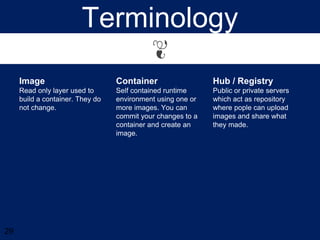 Terminology
Image
Read only layer used to
build a container. They do
not change.
Container
Self contained runtime
environment using one or
more images. You can
commit your changes to a
container and create an
image.
Hub / Registry
Public or private servers
which act as repository
where pople can upload
images and share what
they made.
29
 
