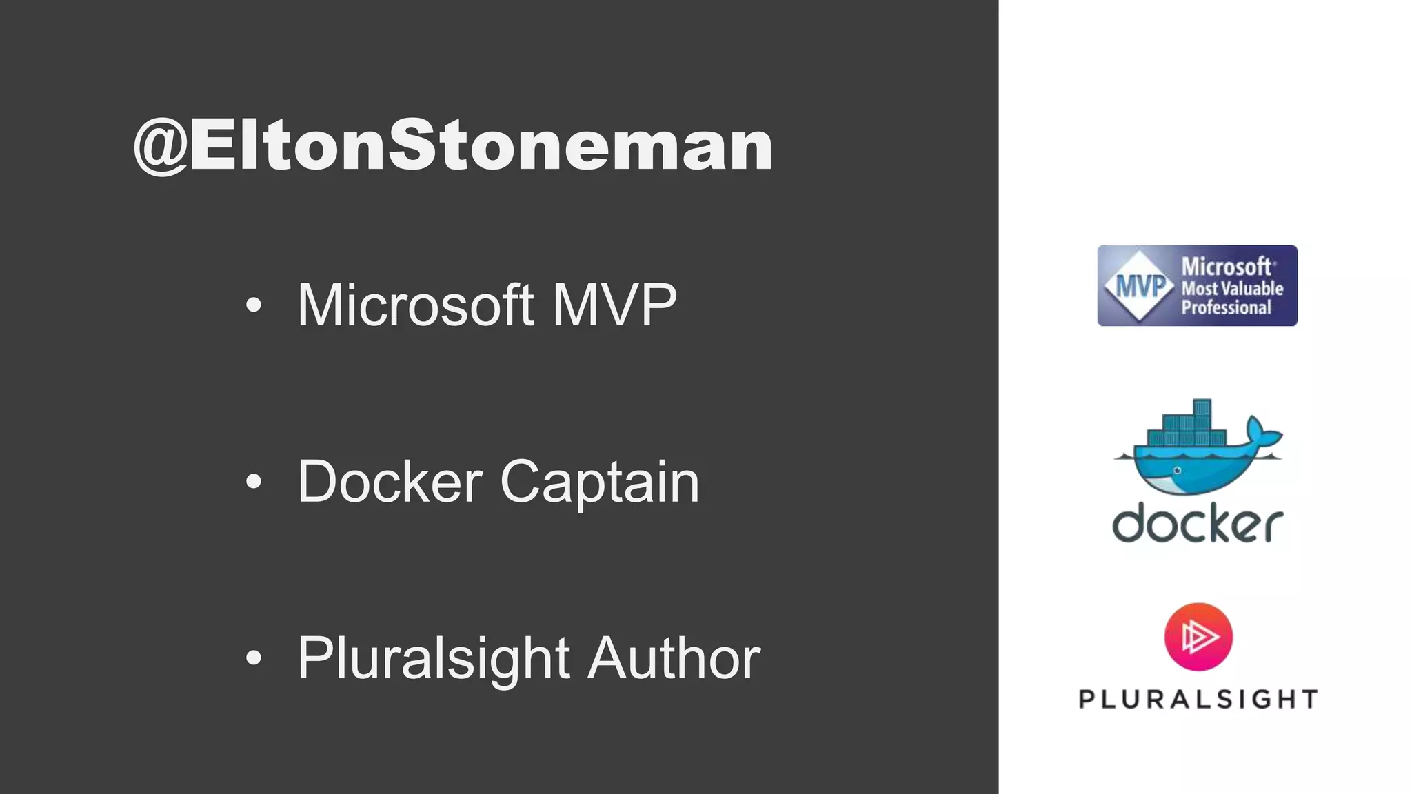 @EltonStoneman
• Microsoft MVP
• Docker Captain
• Pluralsight Author
 