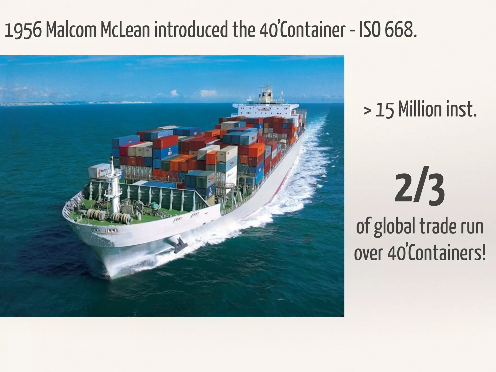1956 Malcom McLean introduced the 40’Container - ISO 668.
> 15 Million inst.
2/3
of global trade run
over 40’Containers!
 