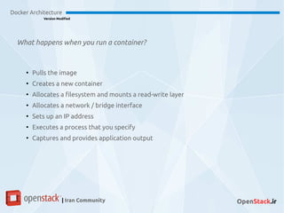 What happens when you run a container?
Docker Architecture
Version Modified
| Iran Community OpenStack.ir
●
Pulls the image
●
Creates a new container
●
Allocates a filesystem and mounts a read-write layer
●
Allocates a network / bridge interface
●
Sets up an IP address
●
Executes a process that you specify
●
Captures and provides application output
 