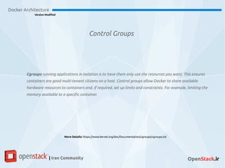 Control Groups
Docker Architecture
Version Modified
| Iran Community OpenStack.ir
Cgroups running applications in isolation is to have them only use the resources you want. This ensures
containers are good multi-tenant citizens on a host. Control groups allow Docker to share available
hardware resources to containers and, if required, set up limits and constraints. For example, limiting the
memory available to a specific container.
More Details: https://www.kernel.org/doc/Documentation/cgroups/cgroups.txt
 