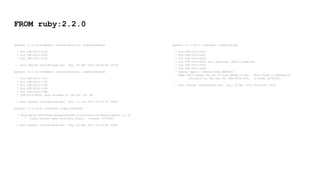 FROM ruby:2.2.0
openssl (1.0.1k-3+deb8u2) jessie-security; urgency=medium
* Fix CVE-2015-3194
* Fix CVE-2015-3195
* Fix CVE-2015-3196
-- Kurt Roeckx <kurt@roeckx.be> Thu, 03 Dec 2015 18:39:46 +0100
openssl (1.0.1k-3+deb8u1) jessie-security; urgency=medium
* Fix CVE-2015-1791
* Fix CVE-2015-1792
* Fix CVE-2015-1789
* Fix CVE-2015-1790
* Fix CVE-2015-1788
* CVE-2015-4000: Have minimum of 768 bit for DH
-- Kurt Roeckx <kurt@roeckx.be> Thu, 11 Jun 2015 20:55:20 +0200
openssl (1.0.1k-3) unstable; urgency=medium
* Drop patch 0003-Free-up-passed-ASN.1-structure-if-reused.patch, it at
least breaks voms, possibly others. (Closes: #781081)
-- Kurt Roeckx <kurt@roeckx.be> Tue, 24 Mar 2015 21:34:00 +0100
openssl (1.0.1k-2) unstable; urgency=high
* Fix CVE-2015-0286
* Fix CVE-2015-0287
* Fix CVE-2015-0289
* Fix CVE-2015-0293 (not affected, SSLv2 disabled)
* Fix CVE-2015-0209
* Fix CVE-2015-0288
* Remove export ciphers from DEFAULT.
* Make DTLS always act as if read_ahead is set. This fixes a regression
introduce by the fix for CVE-2014-3571. (Closes: #775502)
-- Kurt Roeckx <kurt@roeckx.be> Fri, 20 Mar 2015 18:24:15 +0100
 