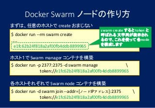 Docker Swarm ノードの作り方
$ docker run --rm swarm create
.....
e1fc62b24f818a2af00fb4ddb8899965
まずは、任意のホストで create おまじない
$ docker run -p 2377:2375 -d swarm manage 
token://e1fc62b24f818a2af00fb4ddb8899965
ホスト１で Swarm manager コンテナを構築
$ docker run -d swarm join --addr=[ノードIPアドレス]:2375 
token://e1fc62b24f818a2af00fb4ddb8899965
各ホストそれぞれで Swarm node コンテナを構築
swarm create すると token と
呼ばれる 文字列が表示され
るので、これを使って 各node
を構成します
 