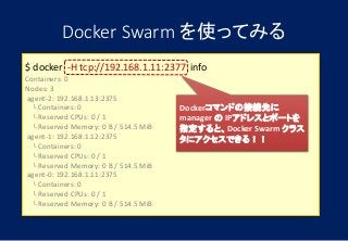 Docker Swarm を使ってみる
$ docker -H tcp://192.168.1.11:2377 info
Containers: 0
Nodes: 3
agent-2: 192.168.1.13:2375
└ Containers: 0
└ Reserved CPUs: 0 / 1
└ Reserved Memory: 0 B / 514.5 MiB
agent-1: 192.168.1.12:2375
└ Containers: 0
└ Reserved CPUs: 0 / 1
└ Reserved Memory: 0 B / 514.5 MiB
agent-0: 192.168.1.11:2375
└ Containers: 0
└ Reserved CPUs: 0 / 1
└ Reserved Memory: 0 B / 514.5 MiB
Dockerコマンドの接続先に
manager の IPアドレスとポートを
指定すると、Docker Swarm クラス
タにアクセスできる！！
 