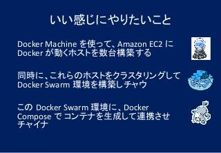 いい感じにやりたいこと
Docker Machine を使って、Amazon EC2 に
Docker が動くホストを数台構築する
同時に、これらのホストをクラスタリングして
Docker Swarm 環境を構築しチャウ
この Docker Swarm 環境に、Docker
Compose で コンテナを生成して連携させ
チャイナ
 