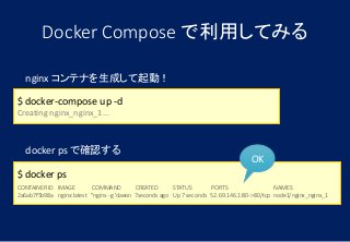 nginx コンテナを生成して起動！
$ docker-compose up -d
Creating nginx_nginx_1...
Docker Compose で利用してみる
docker ps で確認する
$ docker ps
CONTAINER ID IMAGE COMMAND CREATED STATUS PORTS NAMES
2a6ab7f5b98a nginx:latest "nginx -g 'daeon 7seconds ago Up 7 seconds 52.69.146.1:80->80/tcp node1/nginx_nginx_1
OK
 
