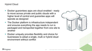 © 2016 Progress Software Corporation and/or its subsidiaries or affiliates. All rights reserved.34
Hybrid Cloud
 Docker guarantees apps are cloud enabled - ready
to move across private and public clouds with a
higher level of control and guarantee apps will
operate as designed
 The Docker platform is infrastructure independent
and ensures everything the app needs to run is
packaged and transported together from one site to
another
 Docker uniquely provides flexibility and choice for
businesses to adopt a single, multi or hybrid cloud
environment without conflict
 