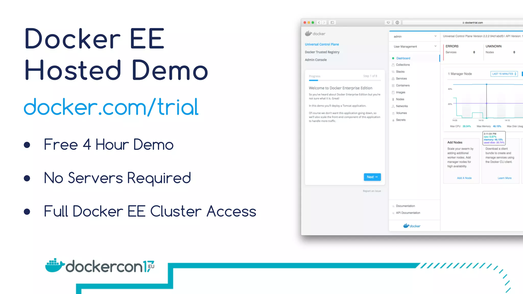 Docker EE
Hosted Demo
● Free 4 Hour Demo
● No Servers Required
● Full Docker EE Cluster Access
docker.com/trial
 