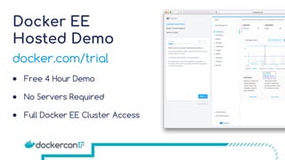 Docker EE
Hosted Demo
● Free 4 Hour Demo
● No Servers Required
● Full Docker EE Cluster Access
docker.com/trial
 