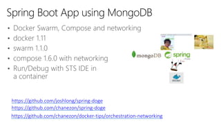 • Docker Swarm, Compose and networking
• docker 1.11
• swarm 1.1.0
• compose 1.6.0 with networking
• Run/Debug with STS IDE in
a container
Spring Boot App using MongoDB
https://github.com/joshlong/spring-doge
https://github.com/chanezon/docker-tips/orchestration-networking
https://github.com/chanezon/spring-doge
 