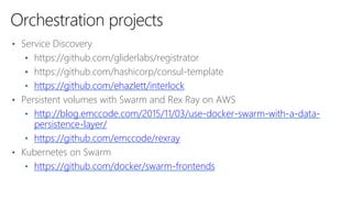 • Service Discovery
• https://github.com/gliderlabs/registrator
• https://github.com/hashicorp/consul-template
• https://github.com/ehazlett/interlock
• Persistent volumes with Swarm and Rex Ray on AWS
• http://blog.emccode.com/2015/11/03/use-docker-swarm-with-a-data-
persistence-layer/
• https://github.com/emccode/rexray
• Kubernetes on Swarm
• https://github.com/docker/swarm-frontends
Orchestration projects
 