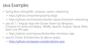 • Spring Boot, MongoDB, compose, swarm, networking
• https://github.com/joshlong/spring-doge
• https://github.com/chanezon/docker-tips/orchestration-networking
• Java EE 7 / Angular App with Docker Swarm by @mgreau
Compose for build and deploy, Wildfly, Apache, Angular, Mysql, Redis,
batch and API apps
• https://github.com/mgreau/docker4dev-tennistour-app
• Java EE Docker & Kubernetes by @arun-gupta
• https://github.com/javaee-samples/docker-java
Java Examples
 