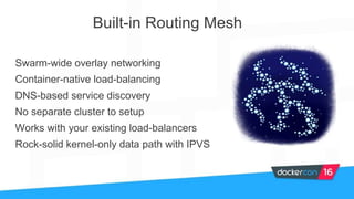 Built-in Routing Mesh
Swarm-wide overlay networking
Container-native load-balancing
DNS-based service discovery
No separate cluster to setup
Works with your existing load-balancers
Rock-solid kernel-only data path with IPVS
 