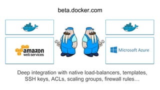 Deep integration with native load-balancers, templates,
SSH keys, ACLs, scaling groups, firewall rules…
beta.docker.com
 