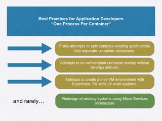 Best Practices for Application Developers
“One Process Per Container”
Futile attempts to split complex existing applicatio...