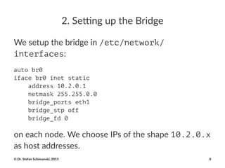 2.#Se&ng#up#the#Bridge
We#setup#the#bridge#in#/etc/network/
interfaces:
auto br0
iface br0 inet static
address 10.2.0.1
netmask 255.255.0.0
bridge_ports eth1
bridge_stp off
bridge_fd 0
on#each#node.#We#choose#IPs#of#the#shape#10.2.0.x#
as#host#addresses.#
©"Dr."Stefan"Schimanski,"2015 8
 