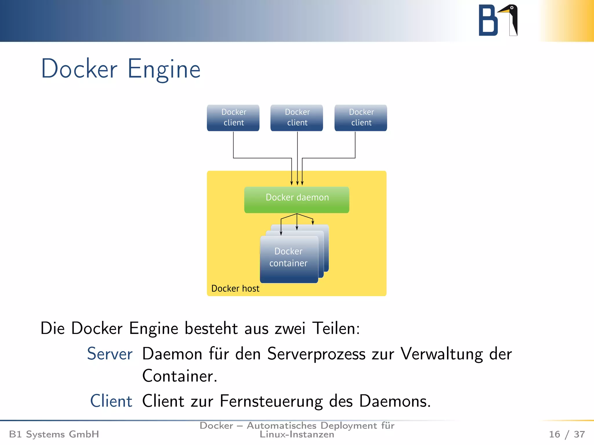 Docker Engine 
Die Docker Engine besteht aus zwei Teilen: 
Server Daemon für den Serverprozess zur Verwaltung der 
Container. 
Client Client zur Fernsteuerung des Daemons. 
B1 Systems GmbH 
Docker – Automatisches Deployment für 
Linux-Instanzen 16 / 37 
 