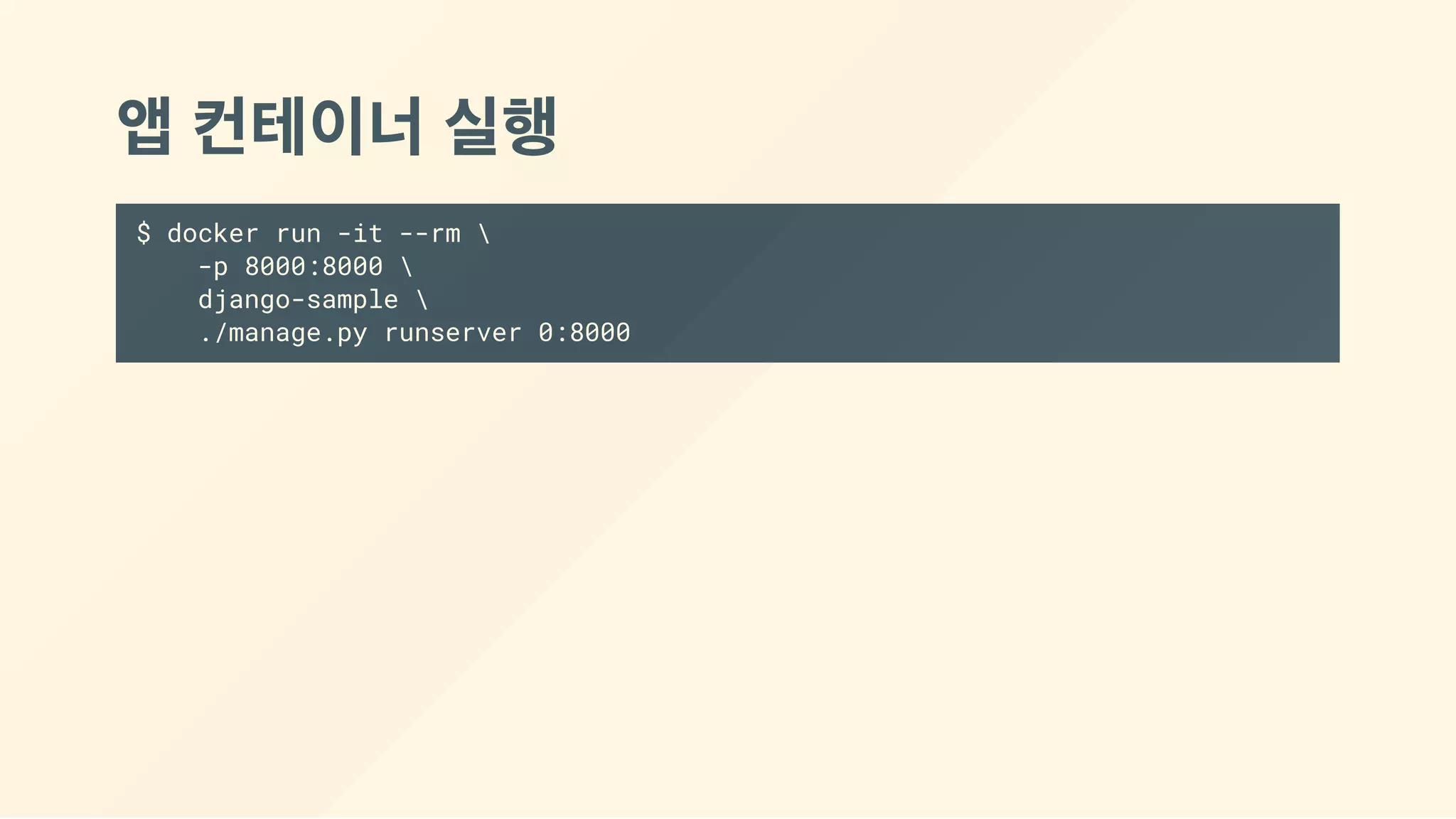 앱 컨테이너 실행
$ docker run -it --rm 
-p 8000:8000 
django-sample 
./manage.py runserver 0:8000
 