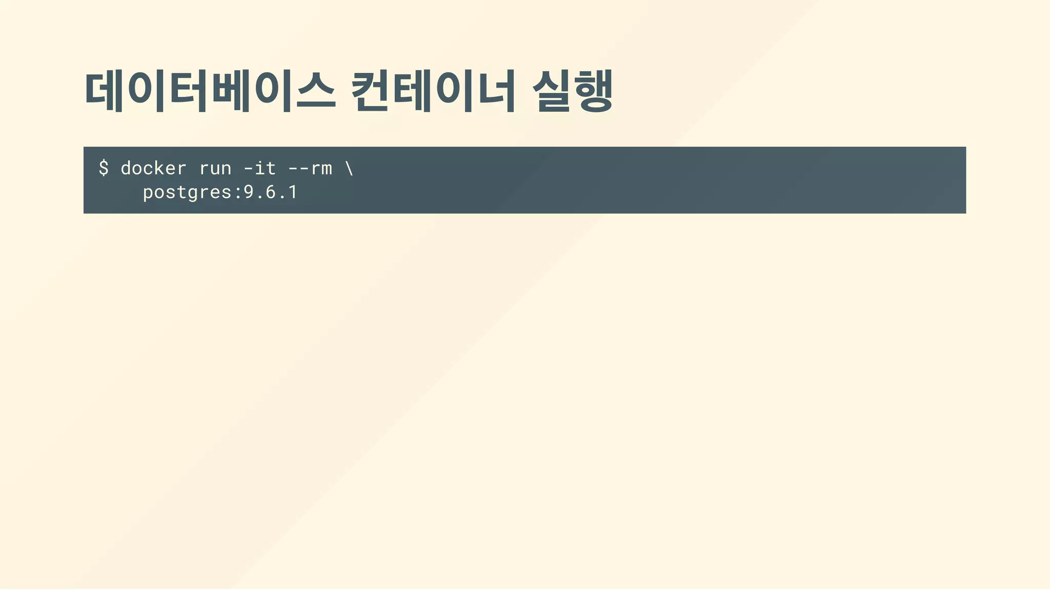 데이터베이스 컨테이너 실행
$ docker run -it --rm 
postgres:9.6.1
 