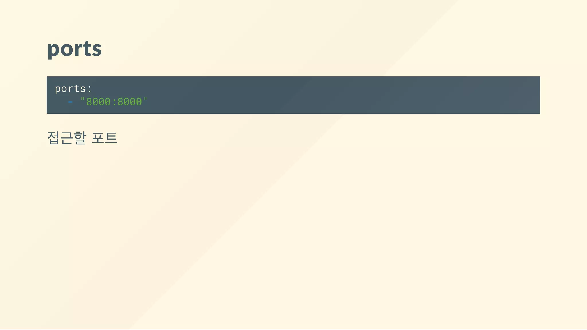 ports
ports:
- "8000:8000"
접근할 포트
 