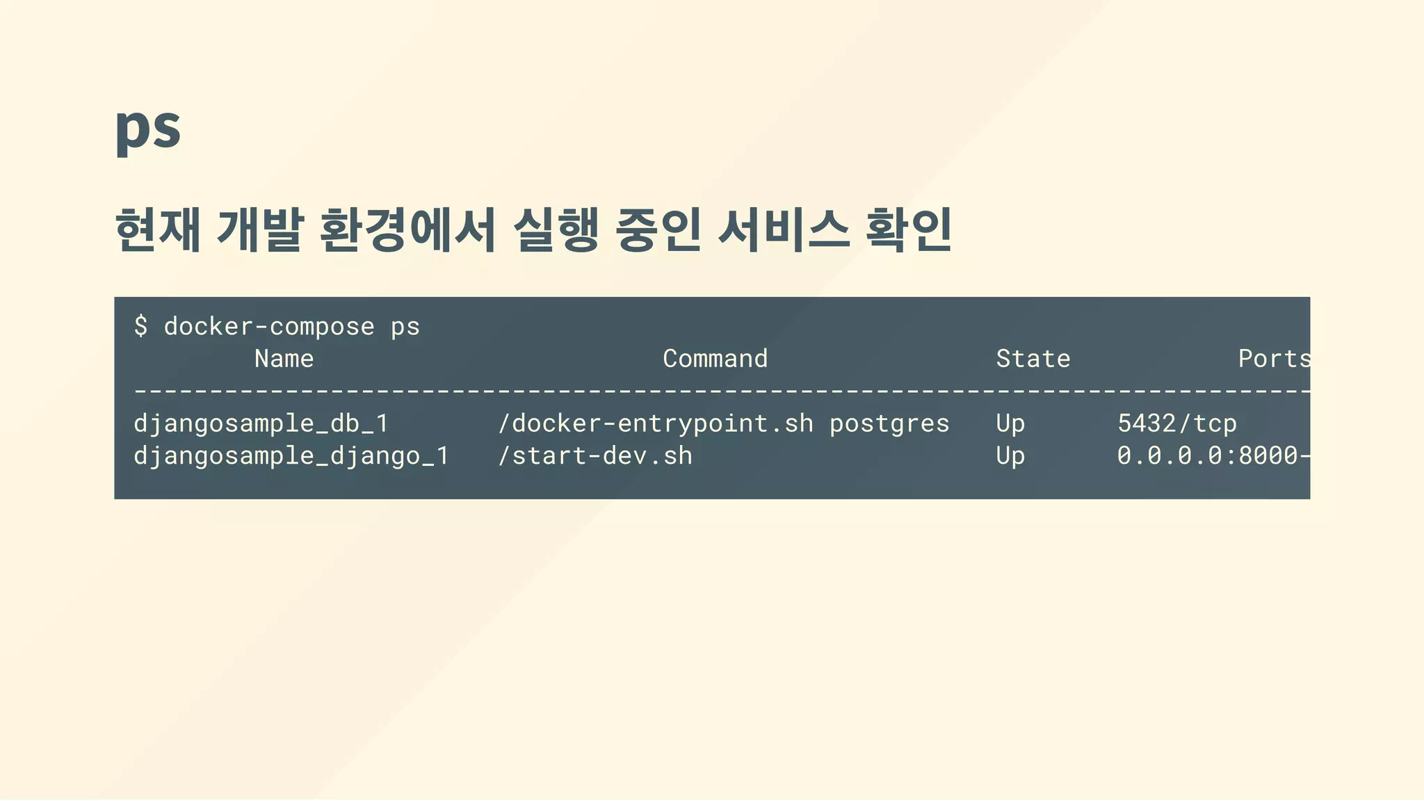 ps
현재 개발 환경에서 실행 중인 서비스 확인
$ docker-compose ps
Name Command State Ports
--------------------------------------------------------------------------------
djangosample_db_1 /docker-entrypoint.sh postgres Up 5432/tcp
djangosample_django_1 /start-dev.sh Up 0.0.0.0:8000->8000/tc
 