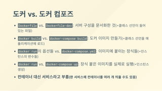 도커 vs. 도커 컴포즈
Dockerfile  vs.  Dockerfile-dev : 서버 구성을 문서화한 것(=클래스 선언이 들어
있는 파일)
docker build  vs.  docker-compose build : 도커 이미지 만들기(=클래스 선언을 애
플리케이션에 로드)
docker run 의 옵션들 vs.  docker-compose.yml : 이미지에 붙이는 장식들(=인스
턴스의 변수들)
docker run  vs.  docker-compose up : 장식 붙은 이미지를 실제로 실행(=인스턴스
생성)
컨테이너 대신 서비스라고 부름(한 서비스에 컨테이너를 여러 개 띄울 수도 있음)
 
