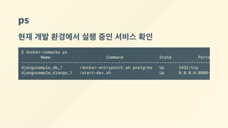 ps
현재 개발 환경에서 실행 중인 서비스 확인
$ docker-compose ps
Name Command State Ports
--------------------------------------------------------------------------------
djangosample_db_1 /docker-entrypoint.sh postgres Up 5432/tcp
djangosample_django_1 /start-dev.sh Up 0.0.0.0:8000->8000/tc
 