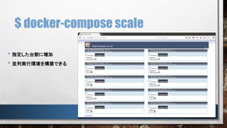 $ docker-compose scale
• 指定した台数に増加
• 並列実行環境を構築できる
 