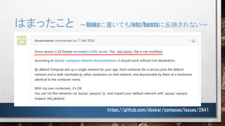 はまったこと ～linksに書いても/etc/hostsに反映されない～
https://github.com/docker/compose/issues/2841
 