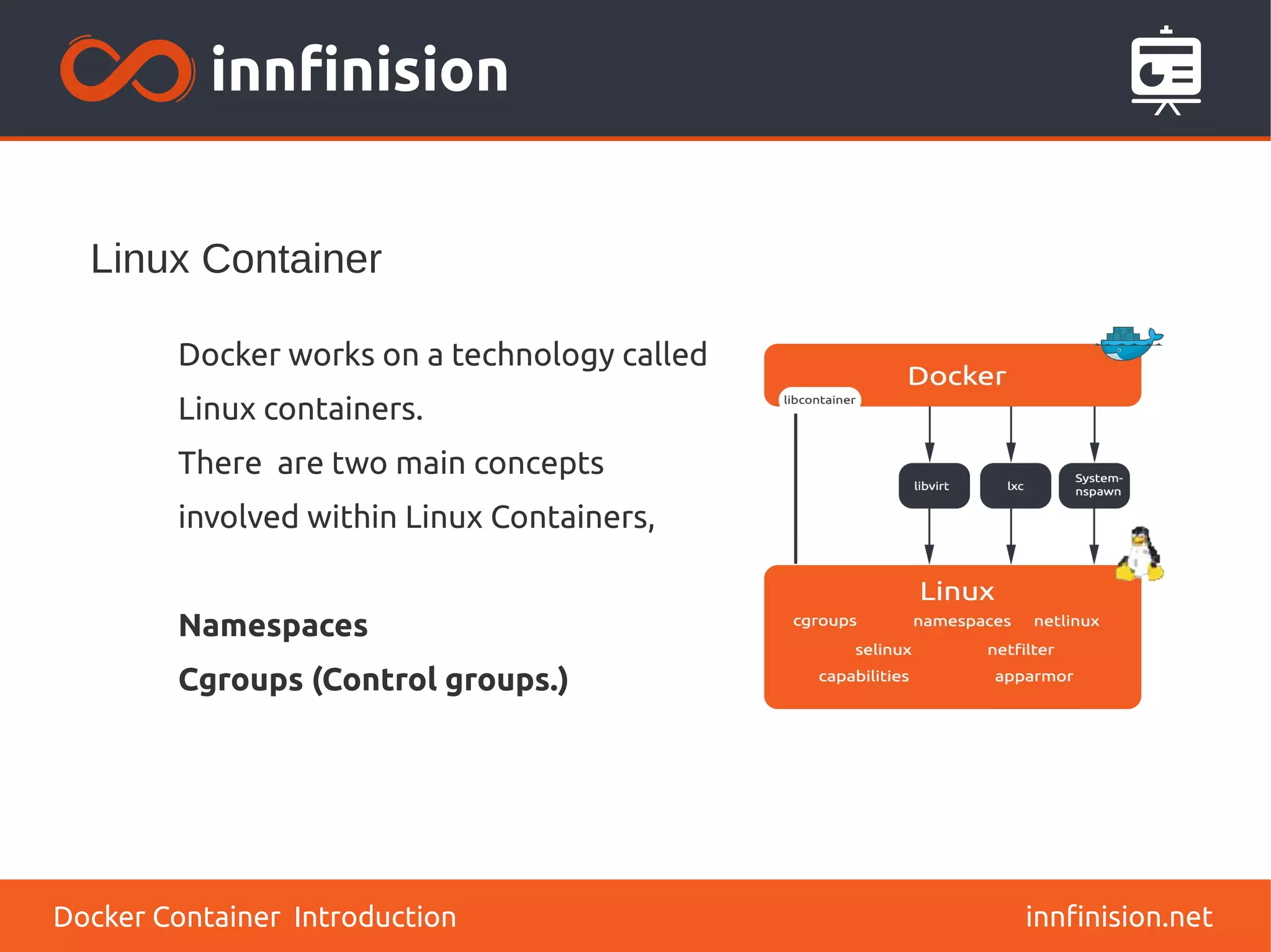 Linux Container
innfinision.net
Docker works on a technology called
Linux containers.
There are two main concepts
involved within Linux Containers,
Namespaces
Cgroups (Control groups.)
Docker Container Introduction
 