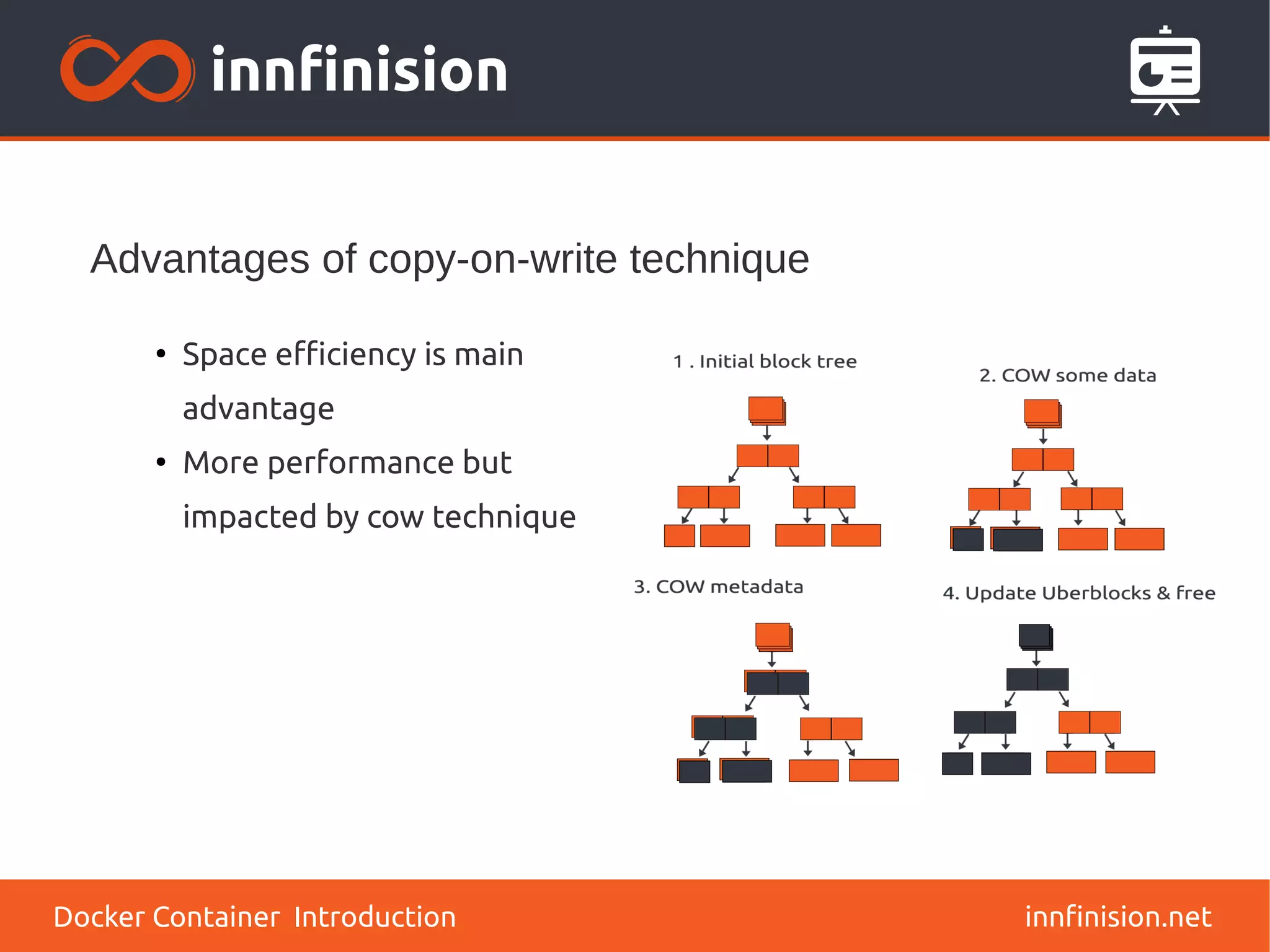 Advantages of copy-on-write technique
innfinision.net
●
Space efficiency is main
advantage
●
More performance but
impacted by cow technique
Docker Container Introduction
 