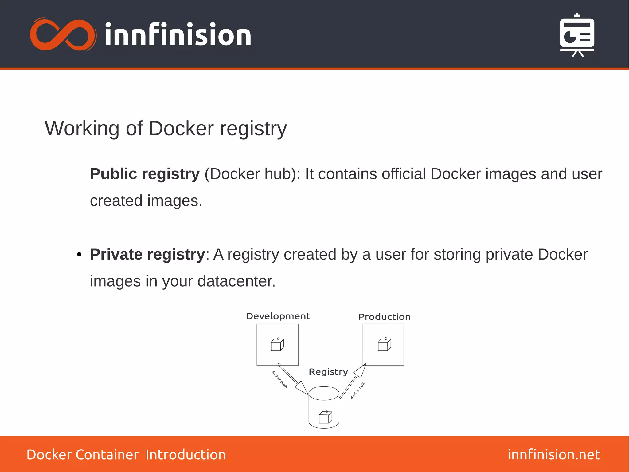Working of Docker registry
innfinision.net
Public registry (Docker hub): It contains official Docker images and user
created images.
● Private registry: A registry created by a user for storing private Docker
images in your datacenter.
Docker Container Introduction
 