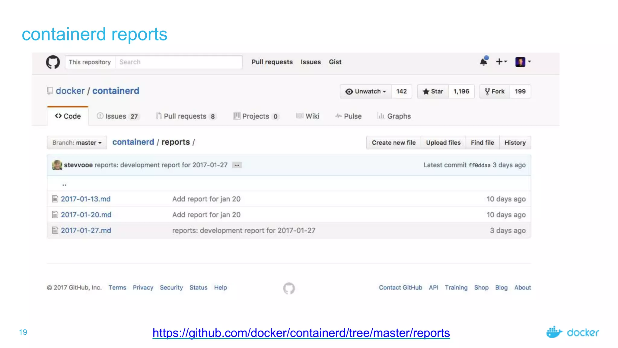 containerd reports
19 https://github.com/docker/containerd/tree/master/reports
 