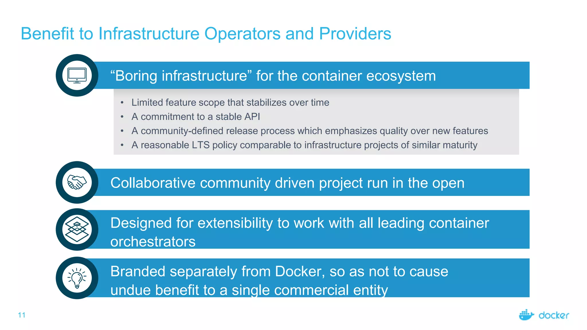 Benefit to Infrastructure Operators and Providers
11
“Boring infrastructure” for the container ecosystem
• Limited feature scope that stabilizes over time
• A commitment to a stable API
• A community-defined release process which emphasizes quality over new features
• A reasonable LTS policy comparable to infrastructure projects of similar maturity
Collaborative community driven project run in the open
Designed for extensibility to work with all leading container
orchestrators
Branded separately from Docker, so as not to cause
undue benefit to a single commercial entity
 