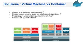 Soluzione : Virtual Machine vs Container
● cosa serve ad un exe per essere eseguito ?
● Posso creare un ambiente isolato con tutte le corrette dipendenze ?
● Posso eseguire un comando in questo ambiente isolato ?
● Soluzione VM oppure Container
 