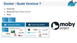 Docker : Quale Versione ?
● Docker-EE
● Docker-CE Edge / Relase Channel
● Moby
 