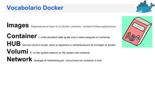 Vocabolario Docker
Images Rappresenta la base di un Docker container, contiene l'intera applicazione.
Container L’unità standard nella quale vive e viene eseguita un comando
HUB servizio cloud o locale, dove si registrano e redistribuiscono le immagini di docker
Volumi E' un file system esterno al file system del container
Network tipologie di networking per comunicare tra container e host
 