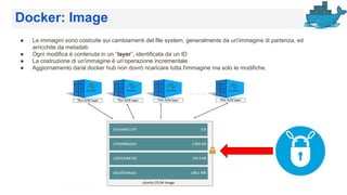 Docker: Image
● Le immagini sono costruite sui cambiamenti del file system, generalmente da un'immagine di partenza, ed
arricchite da metadati.
● Ogni modifica è contenuta in un “layer”, identificata da un ID
● La costruzione di un'immagine è un'operazione incrementale
● Aggiornamento da/al docker hub non dovrò ricaricare tutta l'immagine ma solo le modifiche.
 