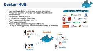 Docker: HUB
● è un repository pubblico dove vengono caricate le immagine.
● Immagini dei più diffusi software e di sviluppo web,database,etc
● Immagini Ufficiali
● Immagini pubbliche degli utenti
● Le immagini sono taggate versione,etc
● Possono essere caricate (cli,CI,travis,...)
● Possono essere scaricate
● Possiamo creare la nostra immagine e condividerla
● L’Hub puo’ creare/aggiornare autonomamente attraverso un Dockerfile
 